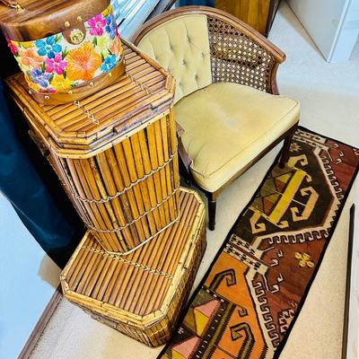 Split bamboo chests, club chair, kilim M