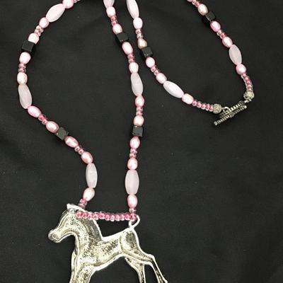 Light pink glass bead necklace Silvertone Horse pendant