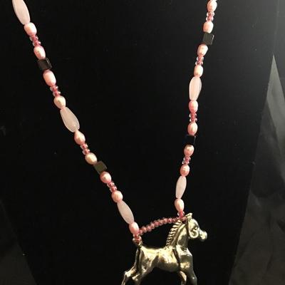 Light pink glass bead necklace Silvertone Horse pendant