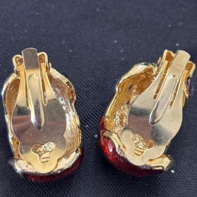 Vintage big stud amber gold toned rhinestone clip on earrings