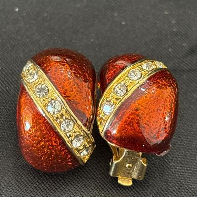 Vintage big stud amber gold toned rhinestone clip on earrings