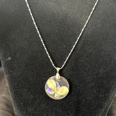Violet Pressed Flower Necklace Silver tone