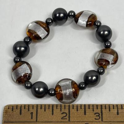 Bracelet, unisex, amber, black, & gray beads