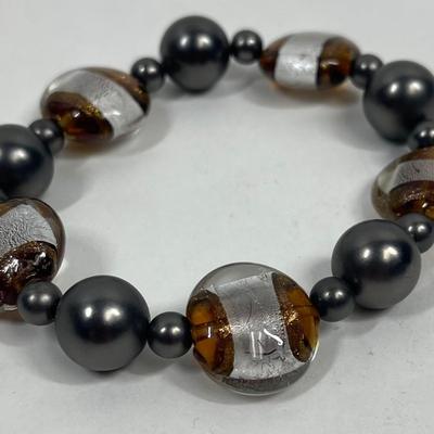 Bracelet, unisex, amber, black, & gray beads