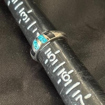 VTG 925 Sterling Silver Black Onyx Turquoise Inlay Ring Western