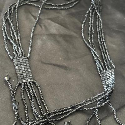 Black, Grey Glass Bead Tassel Necklace