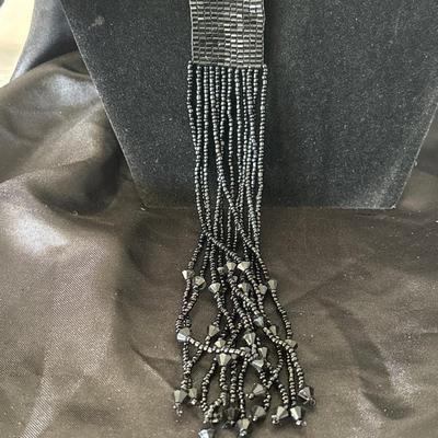 Black, Grey Glass Bead Tassel Necklace
