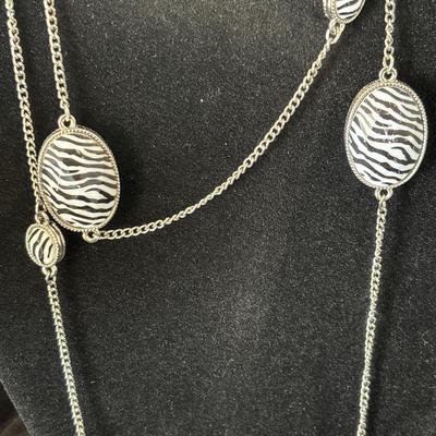 Silver tone zebra stone gems long necklace