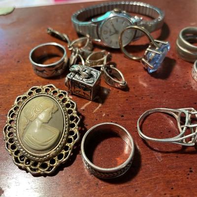 Sterling Rings, Settings. Watches, Costume & Box
