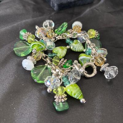 Wire Wrapped Green & Clear Crystal Glass Bead Cha Cha Bracelet