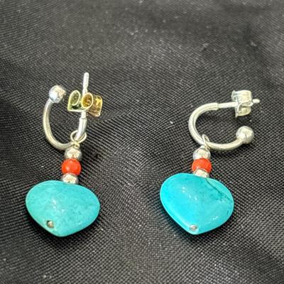 Turquoise tone silver tone heart earrings