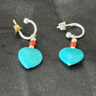 Turquoise tone silver tone heart earrings