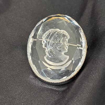 Cameo Glass Pin Beveled Edge Clear Cameo Filigree Border Women's Brooch Victorian Style