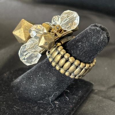 Gold tone clear beaded costume adjustable ring