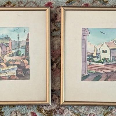 Pair of watercolor and ink paintings of sea side views