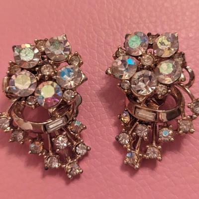 Pair of 1950-1960's MCM Rhinestone clip earrings Aurora Borealis stones Costume Jewelry