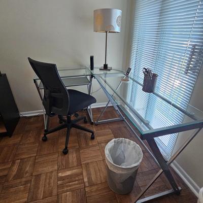 L Shaped Glass Desk and Office Chair