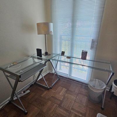 L Shaped Glass Desk and Office Chair