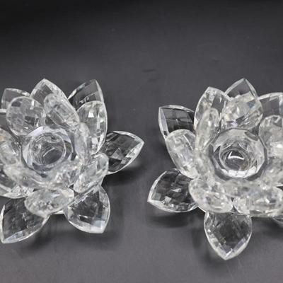 Set of Two Crystal Lotus Candle Holders in Original Box