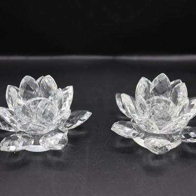 Set of Two Crystal Lotus Candle Holders in Original Box