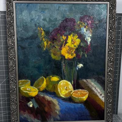 Framed Oil on Canvas Still Life, Flower and Oranges 