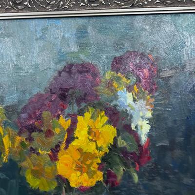 Framed Oil on Canvas Still Life, Flower and Oranges 