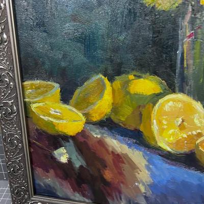 Framed Oil on Canvas Still Life, Flower and Oranges 