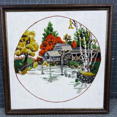 Crewel  Framed Old Mill 
