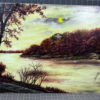 Oil on Board by E. M. Martin, River at Dusk NO Frame