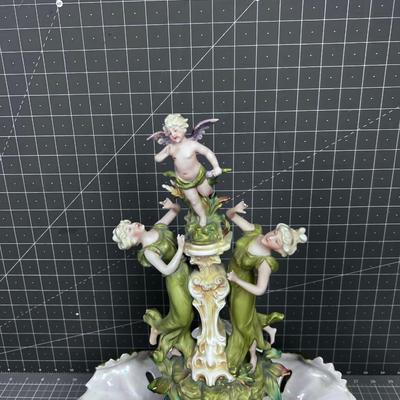 Antique Saxony Art Nouveau Center Piece; Women & Cherubs