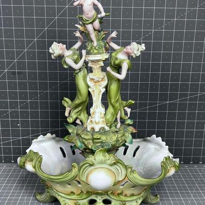 Antique Saxony Art Nouveau Center Piece; Women & Cherubs