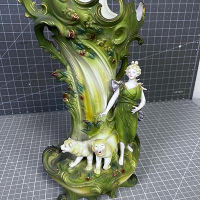Antique  Germany Saxony  Vase Woman with White Jungle Cats 