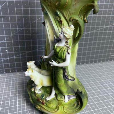 Antique  Germany Saxony  Vase Woman with White Jungle Cats 