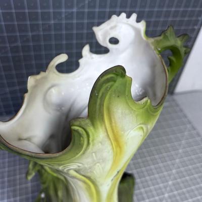 Antique  Germany Saxony  Vase Woman with White Jungle Cats 