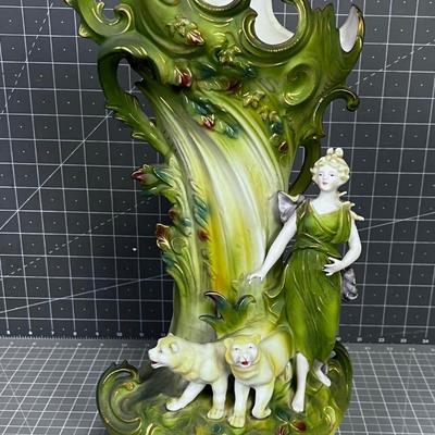 Antique  Germany Saxony  Vase Woman with White Jungle Cats 