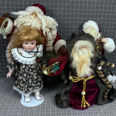 3 Santa Figures and a Porcelain Doll