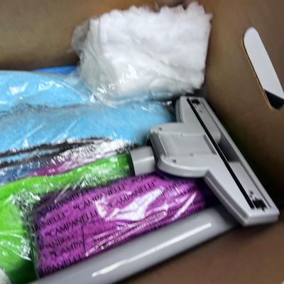 Box Full of Swiffer Pads and Vacuum Parts 