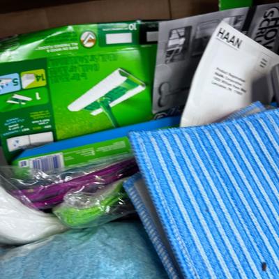 Box Full of Swiffer Pads and Vacuum Parts 