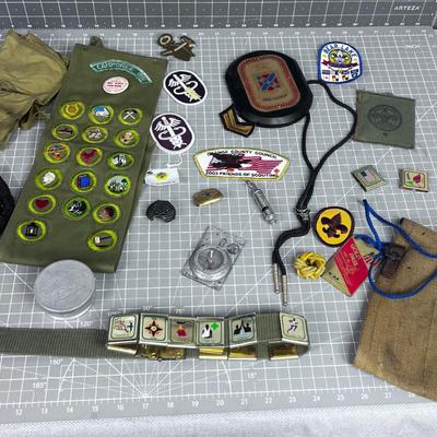 Boy Scout Merit Badges and other gear, plus Tinder Kit