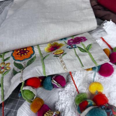 Bundle of Linens; Orange Napkins, Hot Pads Brown Table Cloth and Festive Runner