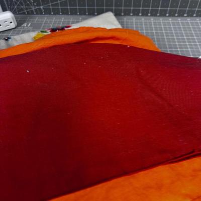 Bundle of Linens; Orange Napkins, Hot Pads Brown Table Cloth and Festive Runner