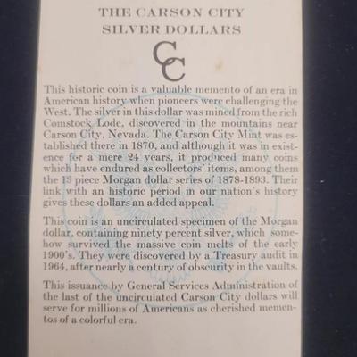 1880 Carson City Morgan in box with papers U S on 1$ Silver