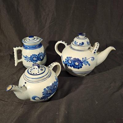 Three Aksinia Pottery Style Blue Floral Teapots (K-JS)
