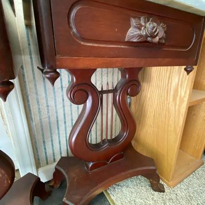 Victorian-Styled Mahogany Harp Night Stands with Marble Top