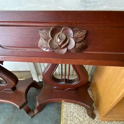 Victorian-Styled Mahogany Harp Night Stands with Marble Top