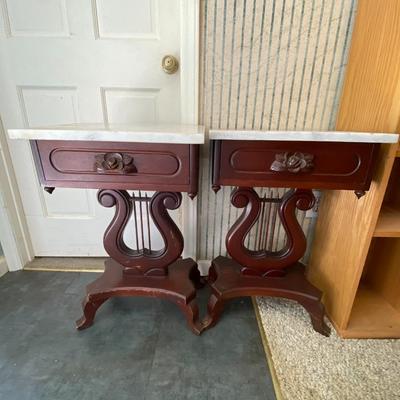 Victorian-Styled Mahogany Harp Night Stands with Marble Top