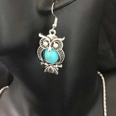 Turquoise Owl and Rhinestone SET. NECKLACE AND EARRINGS