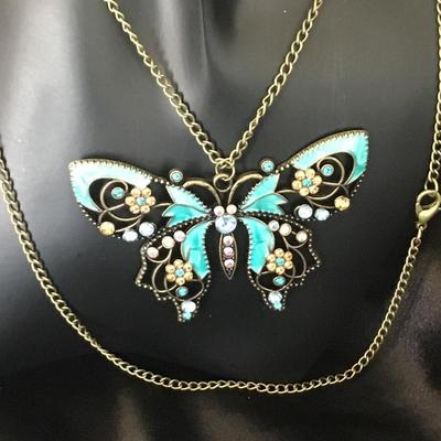 Butterfly Necklace Pendant With Green Enameled Wings And Rhinestones With 22 Inch Chain