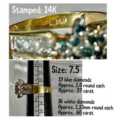 14 K Blue diamond / white diamond ring Reserve set