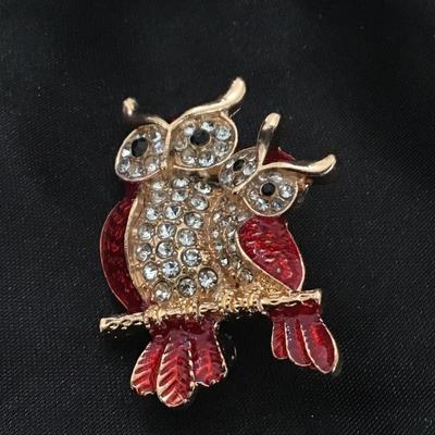 Vintage Mother And Child Owl Rhinestones Brooch, Lapel Pin; Gold Tone/ Red Enamel;